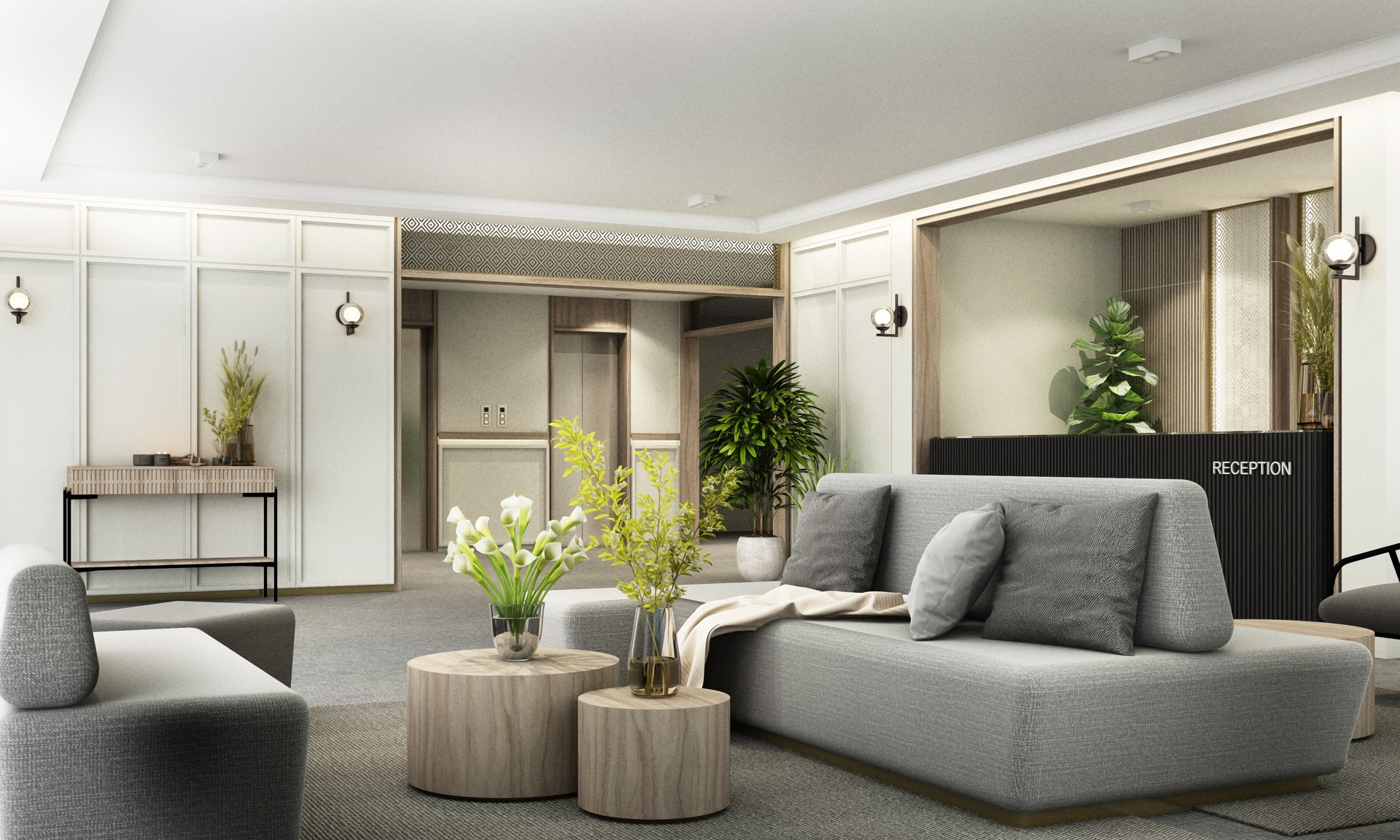 Interior of modern office of hotel reception and waiting room and gray furniture with white and wooden walls, concrete floor and reception desk. with wood decoration and plant pot. 3d rendering